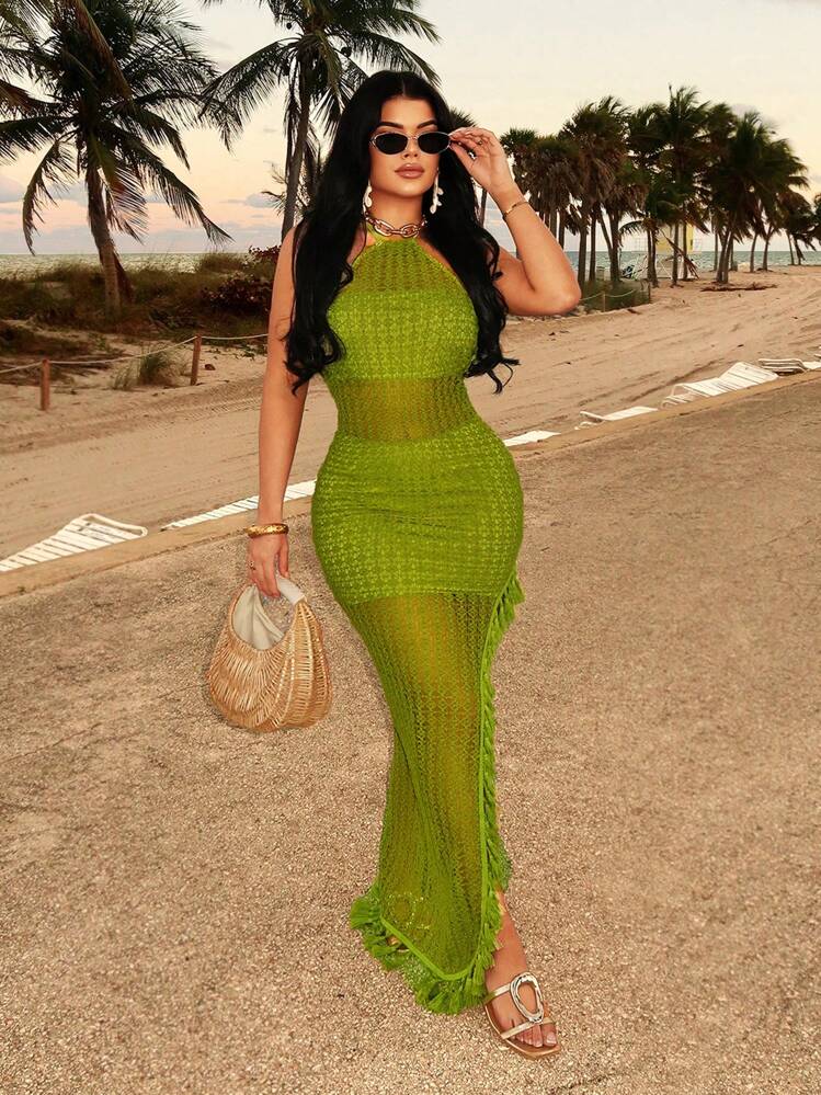 lime green crochet dress SHEIN SXY Wavy Pattern High Split Dress,Halter Backless Tassel Hem Summer Casual Tropical Beach Vacation Boho Outfits Festival LowStock:44050825248819