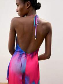 Maija Robe femme à imprimé tie-dye bleu et rouge, tissu coloré, dos nu sexy, ourlet fendu avec nœud torsadé. Robe élégante pour soirée, vacances, été - Rose vif - Voir 7