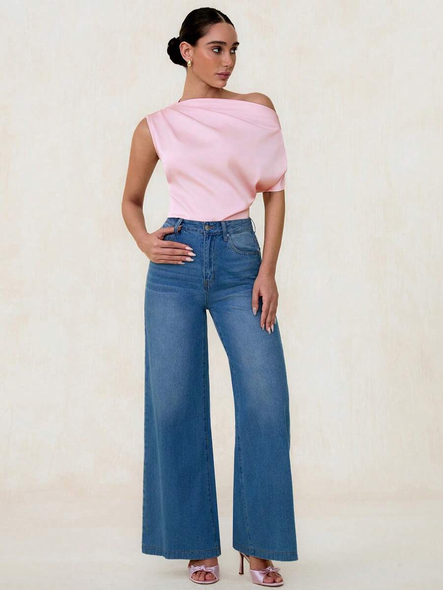 SHEIN Glamour Áo cánh vai nhún bèo bất đối xứng bằng vải satin dành cho nữ, áo sơ mi một vai thanh lịch, rộng rãi, thoải mái, mùa xuân/hè, mặc đi làm và mặc hàng ngày - Hồng - Xem 1