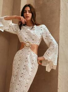 Anewsta Váy Maxi Tay Dài Dệt Kim Đi Biển Phong Cách Boho Cho Nữ, Mùa Hè - trắng - Xem 4