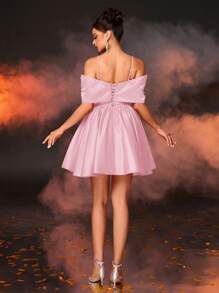 Lovelzi 女士优雅缎面超大蝴蝶结袖仿珍珠装饰蝴蝶结和前围兜 A 字裙，适合派对、庆典、圣诞舞会、婚礼宾客礼服、舞会礼服 - 粉色 - 查看 5