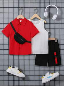 SHEIN 青少年男孩 3 件套：休闲舒适衬衫 + 短裤 + 背心 - 紅色 - 查看 4