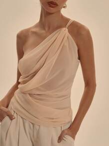 MUSERA Asymmetric Neck Extreme Cut Out Gathered Chiffon Top Spring Elegant Vacation Club Occasion Cute Sexy Romantic Ibiza Fits Holiday Graduation Wedding Guest Going Out Tops ,Elegant - Apricot - View 4