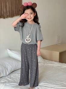 Dazy Kids Conjunto de camiseta de manga corta de punto de cuello redondo y pantalón largo de unicolor para niñas, para primavera/verano - Gris - Ver 5