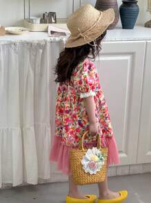 DAZY Young Girl Floral Print Cute Puff Sleeve Round Neck Mini Dress,Girls Summer Outfits