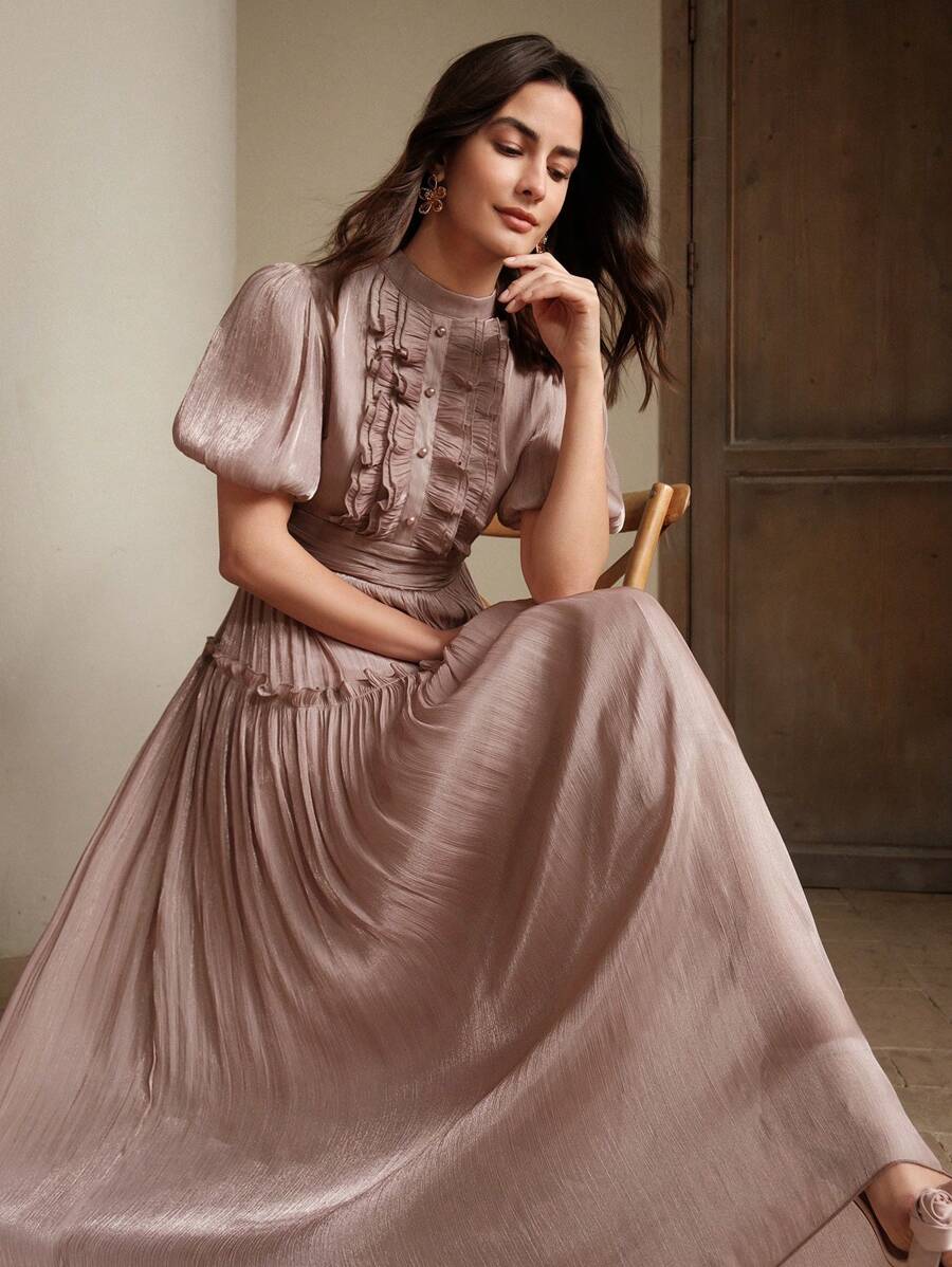 Anewsta 女式长款褶皱设计连衣裙，优雅百搭夏装，适合夏季、优雅、节日、假日、优雅 - 中紫紅色 - 查看 1