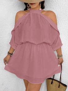 SHEIN Frenchy Plus Size Casual Elegant Open Shoulder A-Line Dress - Pink - View 2