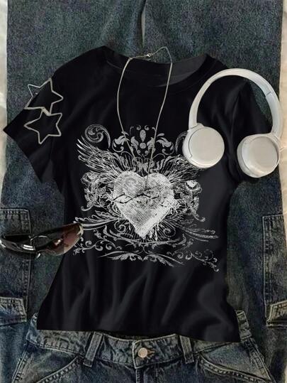 Sparklyn 1pc Girls' Black Round Neck Short Sleeve Heart Print Casual Minimalist T-Shirt, Suitable For Summer Daily Wear