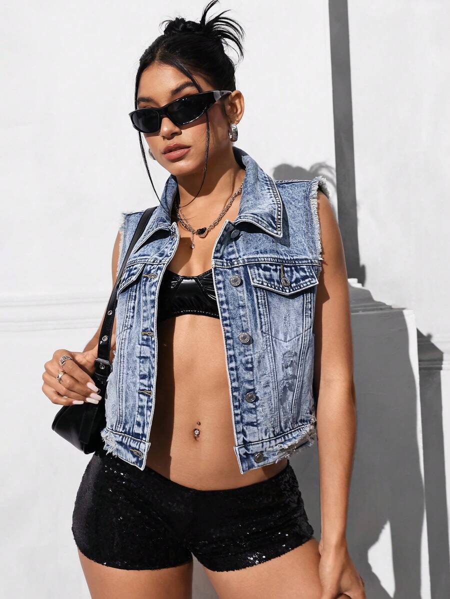 SHEIN EZwear Women's Casual Distressed Frayed Denim Vest - Light Wash - View 1