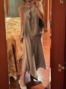 DAZY 2pcs Women Solid Color Stand Collar Top And Skirt Set, Spring/Summer - Khaki - View 4