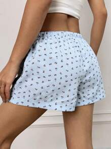 SHEIN EZwear Casual Summer Drawstring Waist Checked Ditsy Floral Shorts - Blue - View 2
