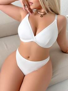 2 pièces Ensemble de lingerie grande taille pour femmes, soutien-gorge sans armature avec bretelles ornées de strass, effet push-up