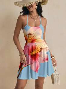 myriadwaveart Blue Sleeveless Backless Textured Floral Mini Dress, Sundress, Music Festival, Boho, Date, Tea Party Outfit, Spring/Summer,Vacation Outfits Women,Sun Dress