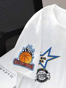 SHEIN EZwear 95%纯棉女士休闲圆领短袖T恤，印有标语 - 彩色 - 查看 5