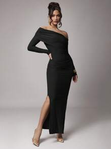 Silquee Women Plus Size Elegant Solid Color Long Sleeve Casual/Party Dress, Collared, Asymmetrical Shoulder, Ruched Details, Coffee Brown, Autumn/Winter,Bohemia