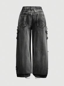 SHEIN MOD Plus Size Women Frayed Edge Star Pockets Wide Leg Loose Casual Jeans