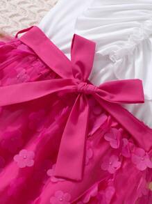 Tween Girls Elegant Solid Color Ruffle Blouse & 3D Floral Mesh Skirt Set