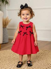 Cozy Pixies Young Girl Color Blocked Bow Decor Round Neck Waist Fitted Sleeveless Dress - Red - View 1