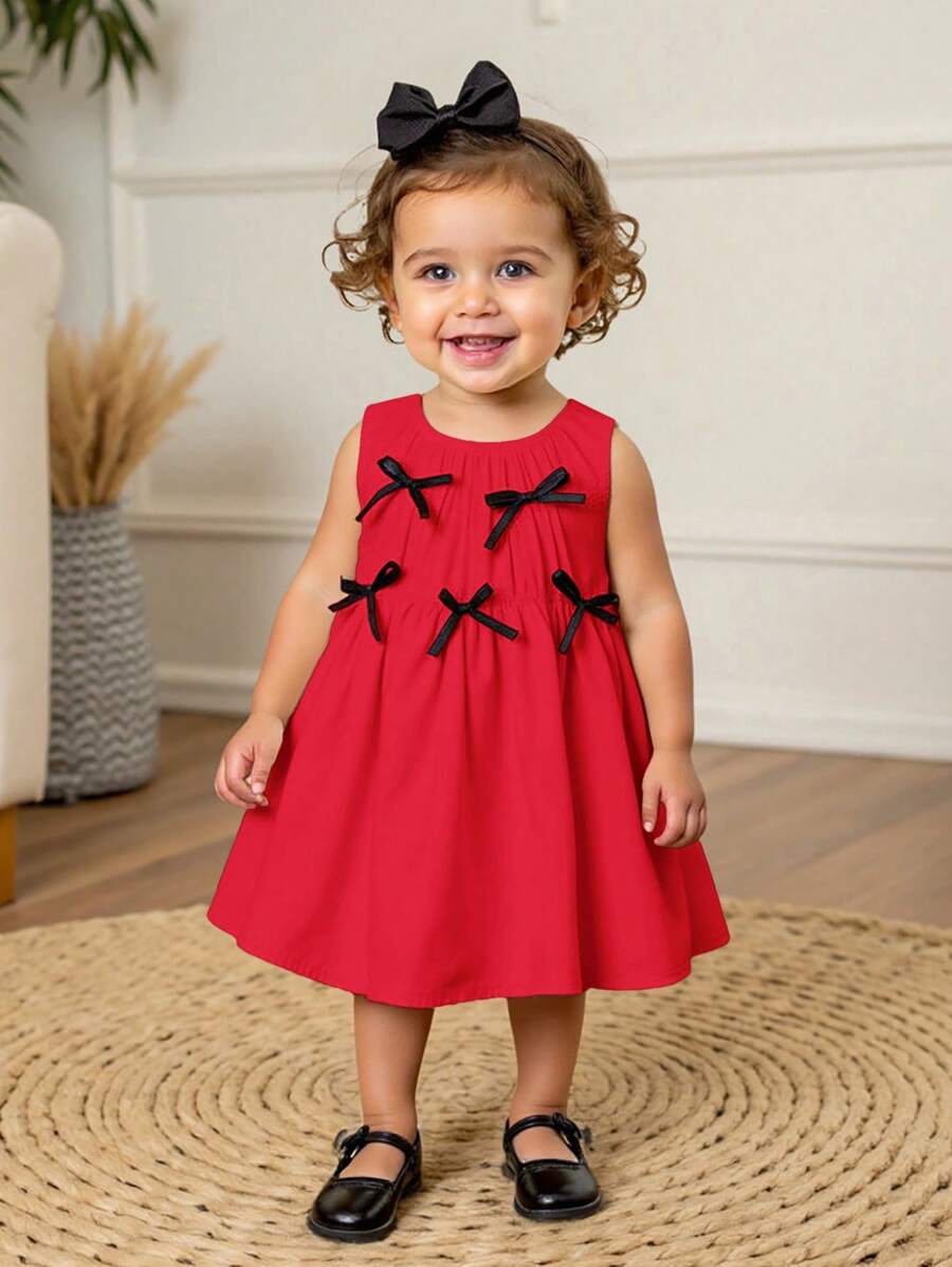 Cozy Pixies Young Girl Color Blocked Bow Decor Round Neck Waist Fitted Sleeveless Dress - Red - View 1