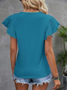 SHEIN Clasi Women's Solid Color Crew Neck Flocking Embroidery Ruffle Sleeve Casual T-Shirt - Mint Blue - View 2