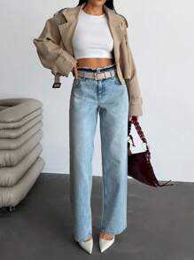 EURMUSE Casual Washed Frayed Hem High Waist Straight Leg Jeans - Light Wash - View 4