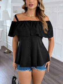 Flirla 夏季大码休闲无袖露肩前扣衬衫 - 黑色 - 查看 1