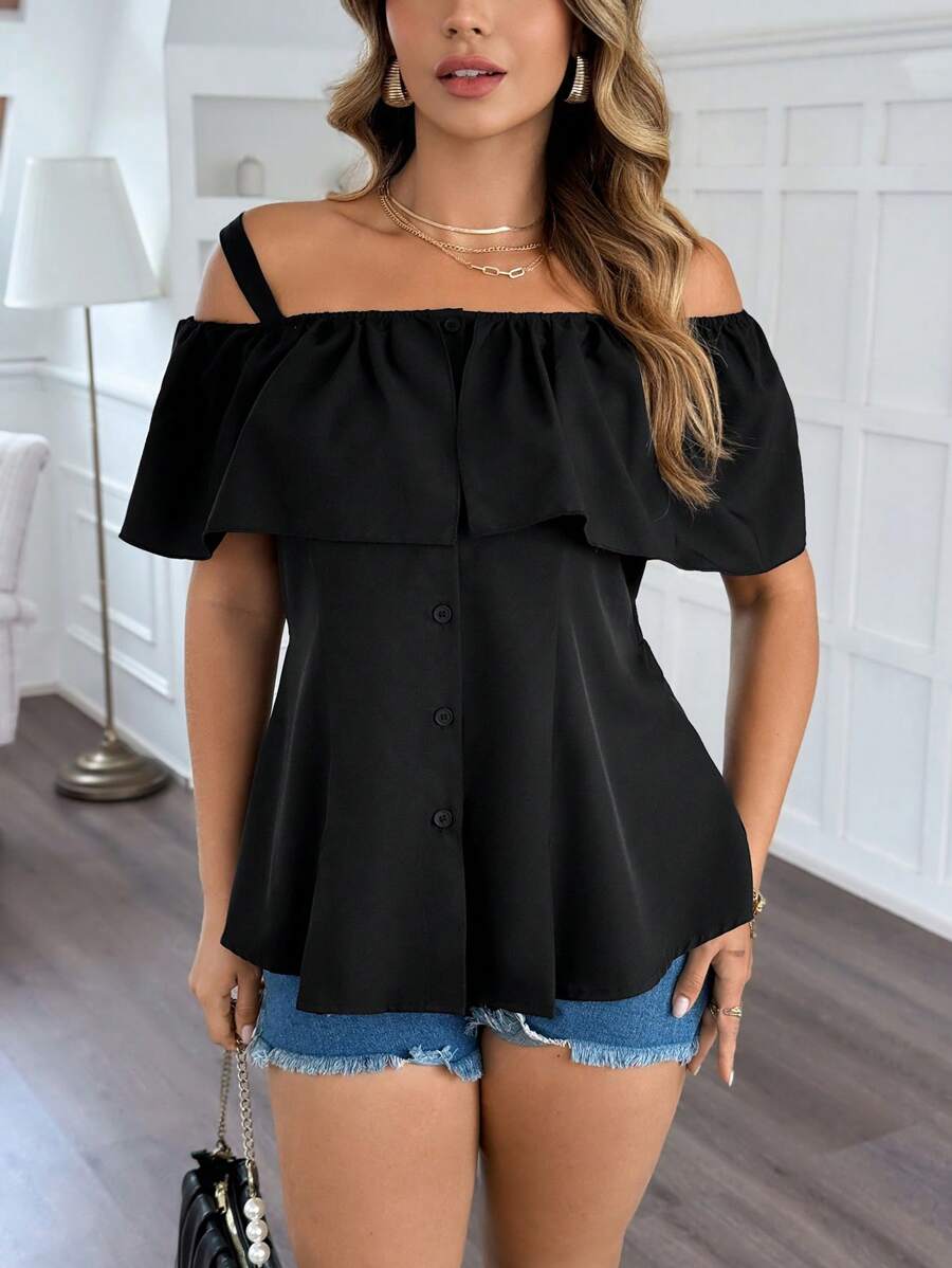 Flirla 夏季大码休闲无袖露肩前扣衬衫 - 黑色 - 查看 1