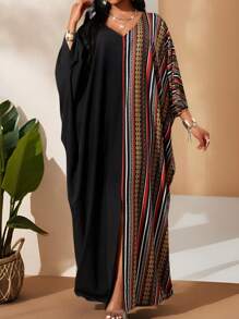 SHEIN Lady 大码 V 领长袖纯色拼接宽松休闲连衣裙长袍万圣节服装万圣节服装度假服装女士 - 黑色 - 查看 4