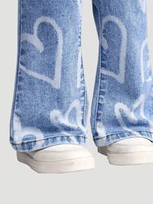 Baby Girls Fashion Heart Print Elastic Denim Flared Pants,Holiday,Summer,Travel - Medium Wash - View 5