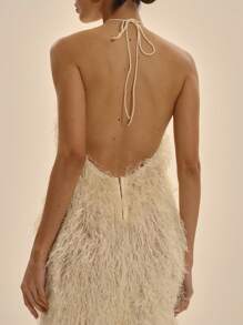 MUSERA 露背露背修身羽毛无袖长裙，春夏舞会优雅度假场合毕业典礼伊比沙岛婚礼宾客假日海滩之夜婚礼宾客优雅约会之夜秋季长裙 - 奶油色 - 查看 5