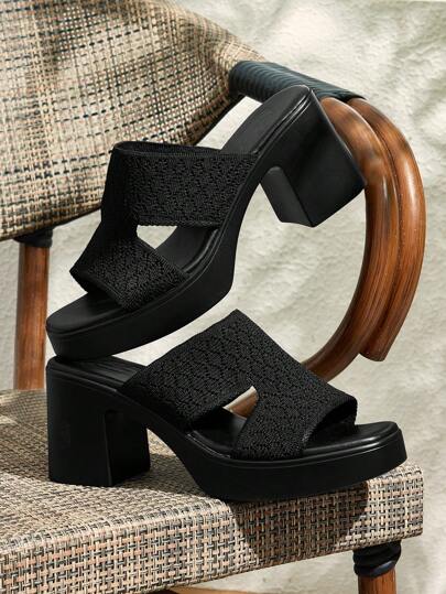 CUCCOO BASICS 黑色简约方头粗跟中跟优雅舒适一脚蹬高跟鞋，适合工作、休闲、约会、正式活动