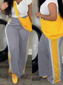 INAWLY Pantaloni della tuta casual da donna taglie forti con patchwork e blocchi di colore, gamba dritta