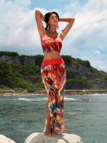 Opulessa Femme 2 pièces set : Top court imprimé tie-dye et jupe, ensemble de vacances , tenues de vacances pour femme, tenues de vacances à la plage, vêtements de vacances tropicales pour femme, tenues d'été pour femme, quotidien, femme, convient pour la fête, le rendez-vous, le thé de l'après-midi, la tenue d'été, les vacances à la plage, le festival de musique - Multicolore - Voir 6