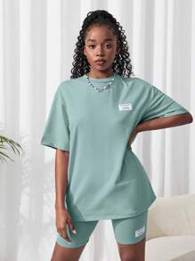 SHEIN 2pcs Teen Girl Plain Knit T-Shirt And Shorts Set, Green - Green - View 5