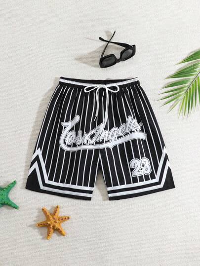SHEIN Explorewe Tween Boy Striped Swim Trunks With Pattern Print, Beach Shorts Summer Holiday