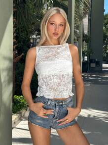 SHEIN EZwear Summer New Hollow-Out Lace Pullover Top - White - View 5