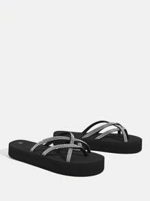 Grefit Women's Fashion Black Crystal Embellished Flip Flops - Black - View 3