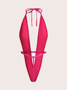 性感迷人闪亮 PU 皮革性感紧身衣女式内衣外衣外出 - 玫紅色 - 查看 4