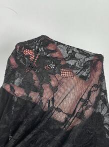 SHEIN Frenchy Women Plus Size V-Neck Lace Patchwork Blouse, Sexy Semi-Sheer Black Lace Top