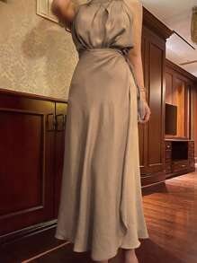 DAZY 2pcs Women Solid Color Stand Collar Top And Skirt Set, Spring/Summer - Khaki - View 3