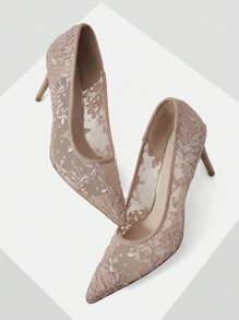 MOTF PREMIUM LACE MESH POINTED TOE STILETTO HIGH HEEL PUMPS - Baby Pink - View 9