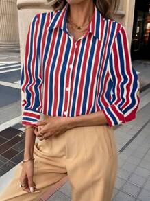 SHEIN LUNE Casual Striped Long Sleeve Shirt, Suitable For Commuting In Spring & Autumn Fall Cloth For Women - Multicolor - View 5