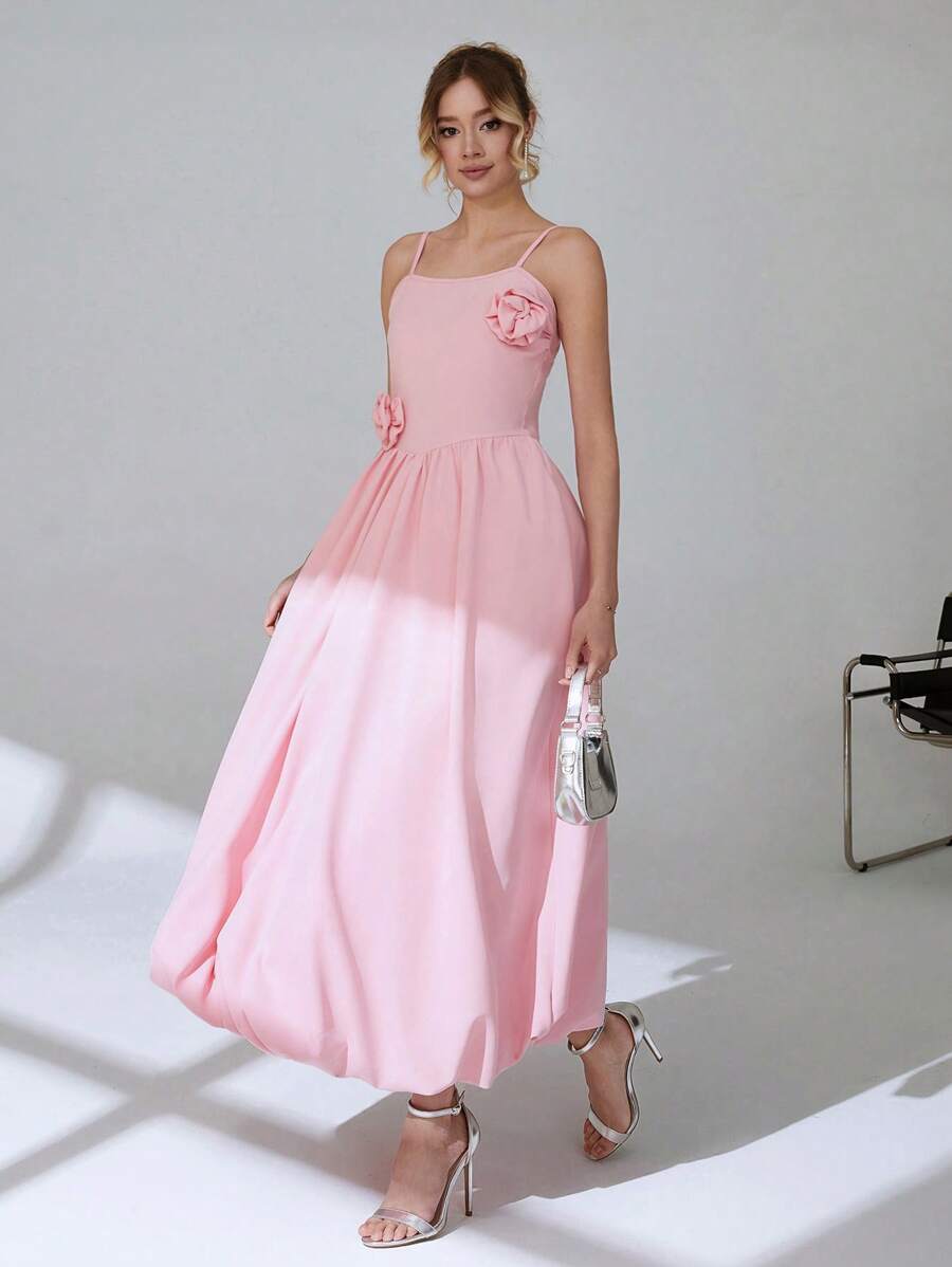 CLARA VERO Women Solid Color 3D Rose Detailed Dress - Pink - View 1