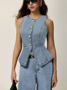 Poéselle Women's Casual Denim Vest And Pants Two Pieces Set, Fall Women Clothes - Light Wash - View 5