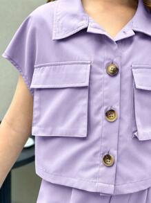 SHEIN Nova Glow Tween Girls Casual Street Chic Woven Solid Color Short Sleeve Top And Straight Pants 2 Pieces Set - Mauve Purple - View 6