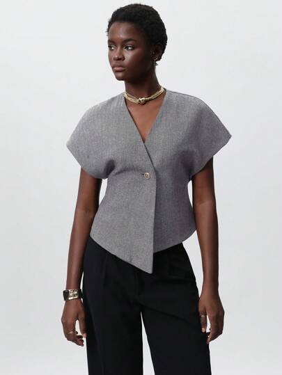 Aveloria Modichic Minimalistisk dekonstruerad överdimensionerad V-ringad enkelknäppt öppen front asymmetrisk fåll Ärmlös skjorta för kvinnor, eleganta arbetskläder för pendling, höst/sommar