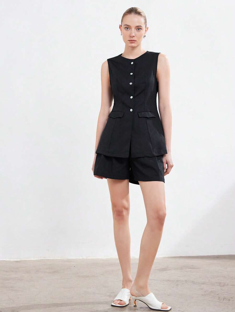 SHEIN Privé 2pcs Simple Elegant Commute Sleeveless Vest With Buttons And Matching Shorts Set For Women - Black - View 1