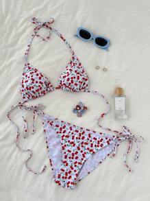 Swim Mod Conjunto de bikini con estampado de cerezas para mujer, ideal para playa y vacaciones