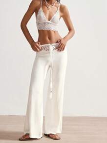 Bohemela 度假风格女式钩针纯色腰带针织裤 - 白色 - 查看 3