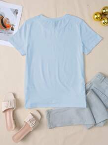 INAWLY Women's Crew Neck Simple Letter Print Short Sleeve T-Shirt - Baby Blue - View 2